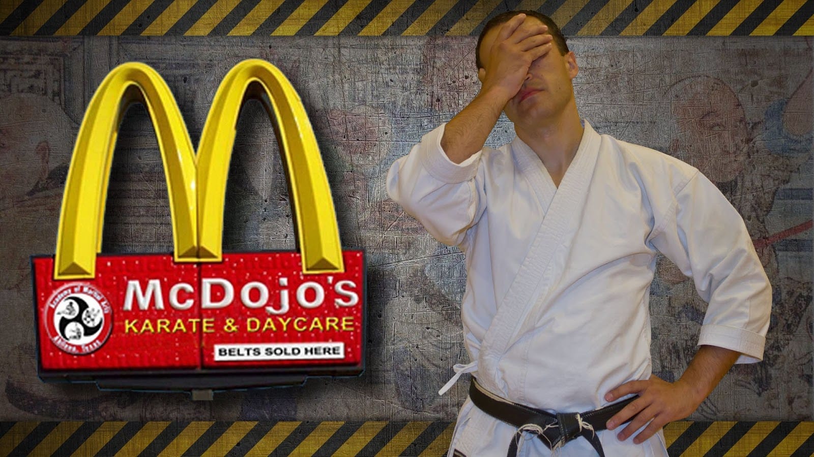 An unfit martial arts instructor, illustrating the type of teacher often found in "McDojos," where professionalism and fitness are lacking.